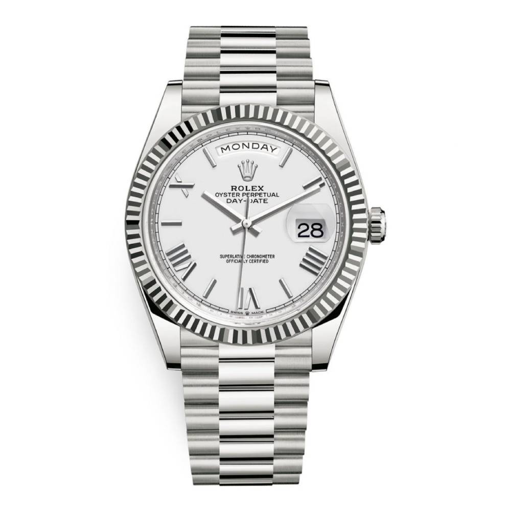 Rolex Day Date 40mm - Ref: 228239-0046 - White Roman Dial & Fluted Bezel, 18K White Gold President Bracelet Men's Watch