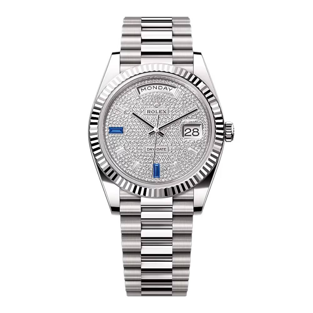 Rolex Day Date 40mm - Ref: 228239-0049 - Pave Diamond / Sapphire Dial & Fluted Bezel, 18K White Gold President Bracelet Men's Watch