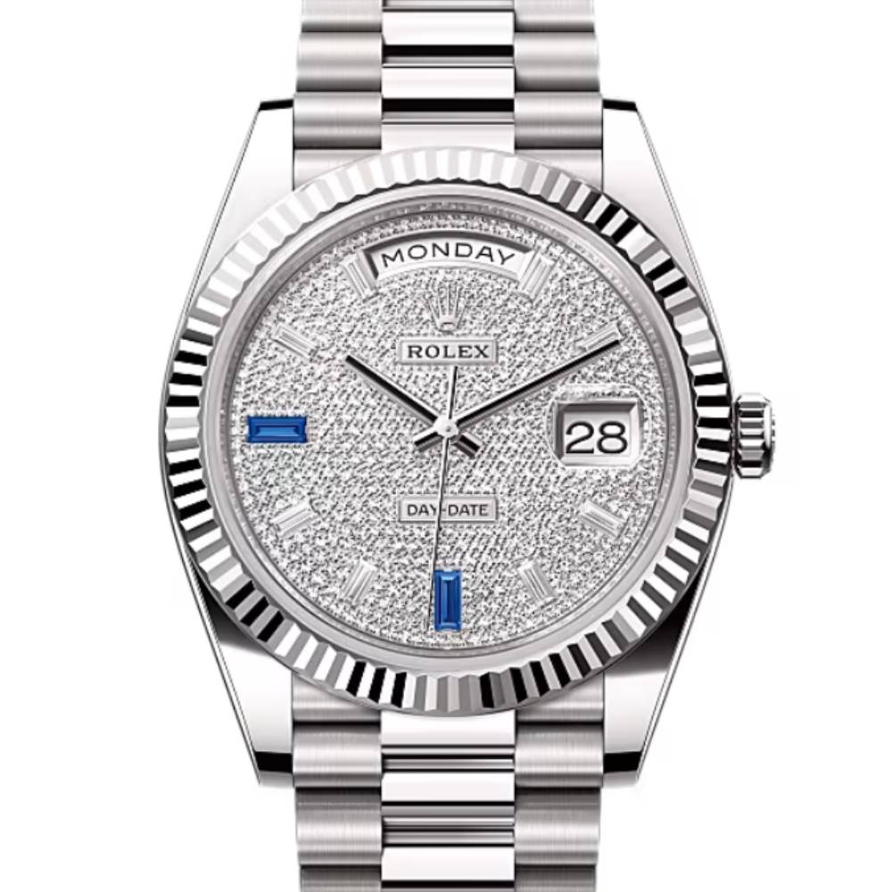 Rolex Day Date 40mm - Ref: 228239-0049 - Pave Diamond / Sapphire Dial & Fluted Bezel, 18K White Gold President Bracelet Men's Watch