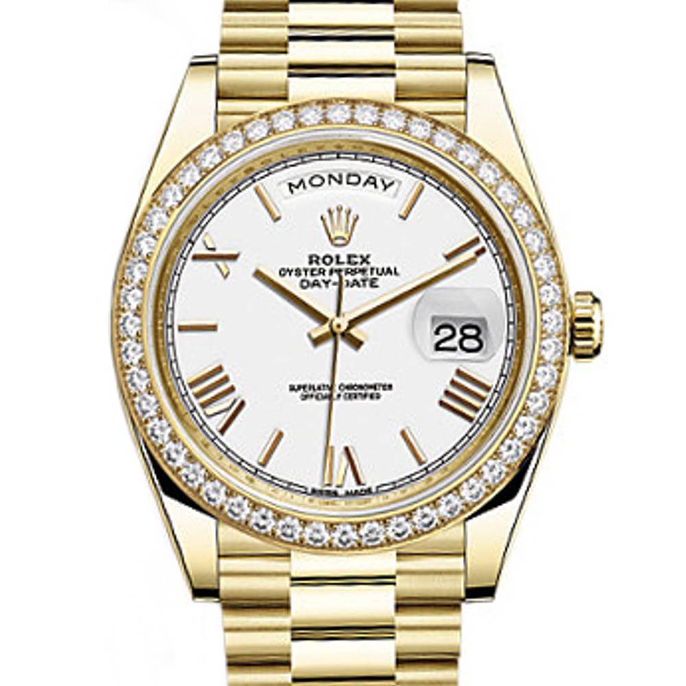 Rolex Day Date 40mm - Ref: 228348rbr-0034 - White Roman Dial & Diamond Bezel, 18K Yellow Gold President Bracelet Men's Watch