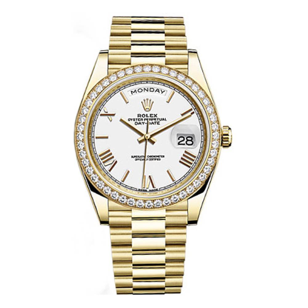 Rolex Day Date 40mm - Ref: 228348rbr-0034 - White Roman Dial & Diamond Bezel, 18K Yellow Gold President Bracelet Men's Watch