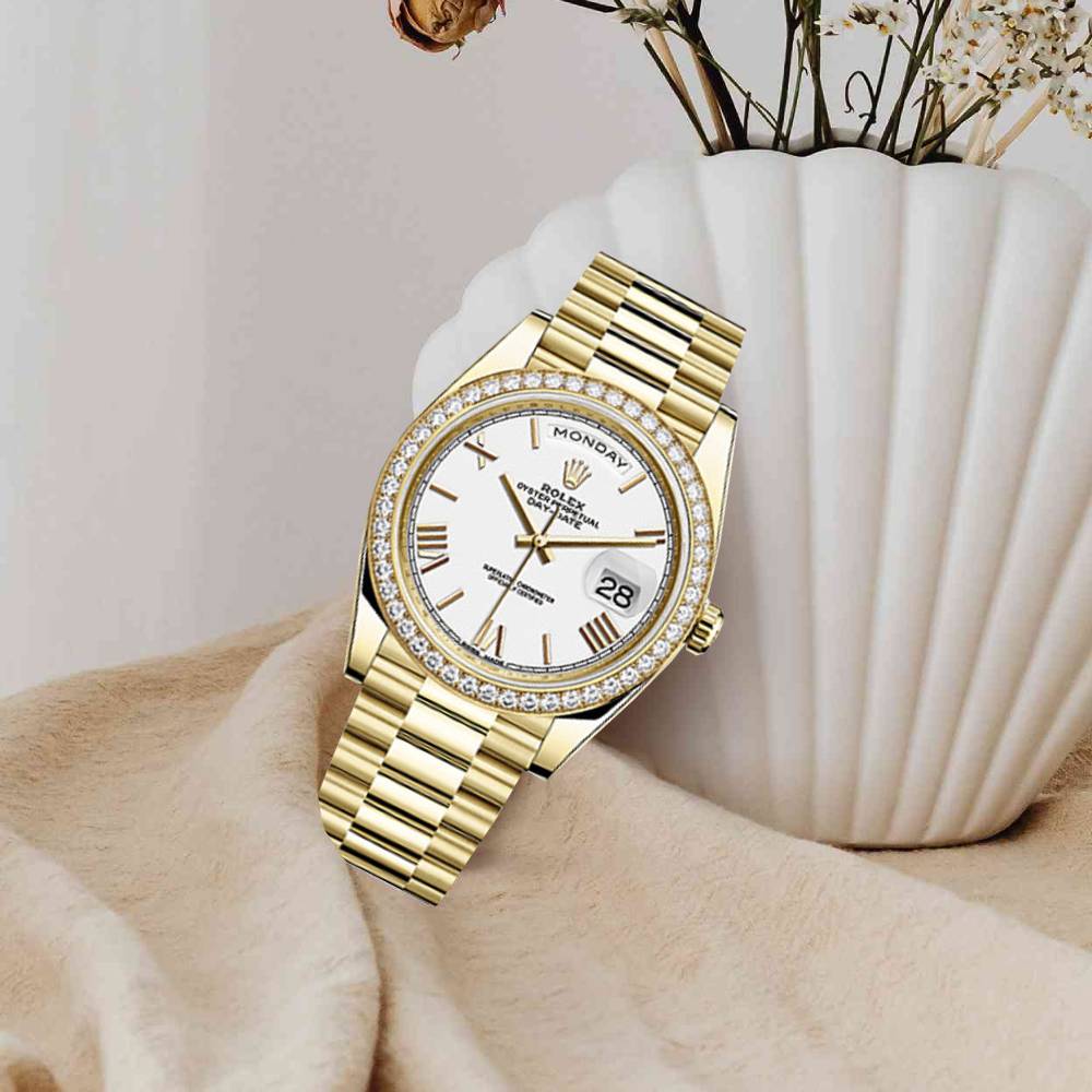 Rolex Day Date 40mm - Ref: 228348rbr-0034 - White Roman Dial & Diamond Bezel, 18K Yellow Gold President Bracelet Men's Watch