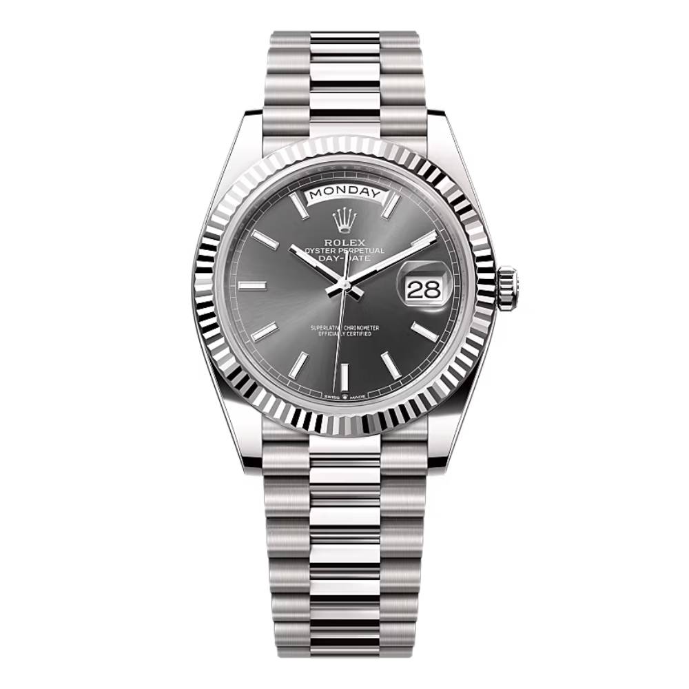 Rolex Day Date 40mm - Ref: 228239-0060 - Slate Grey Stick Dial & Fluted Bezel, 18K White Gold President Bracelet Men's Watch