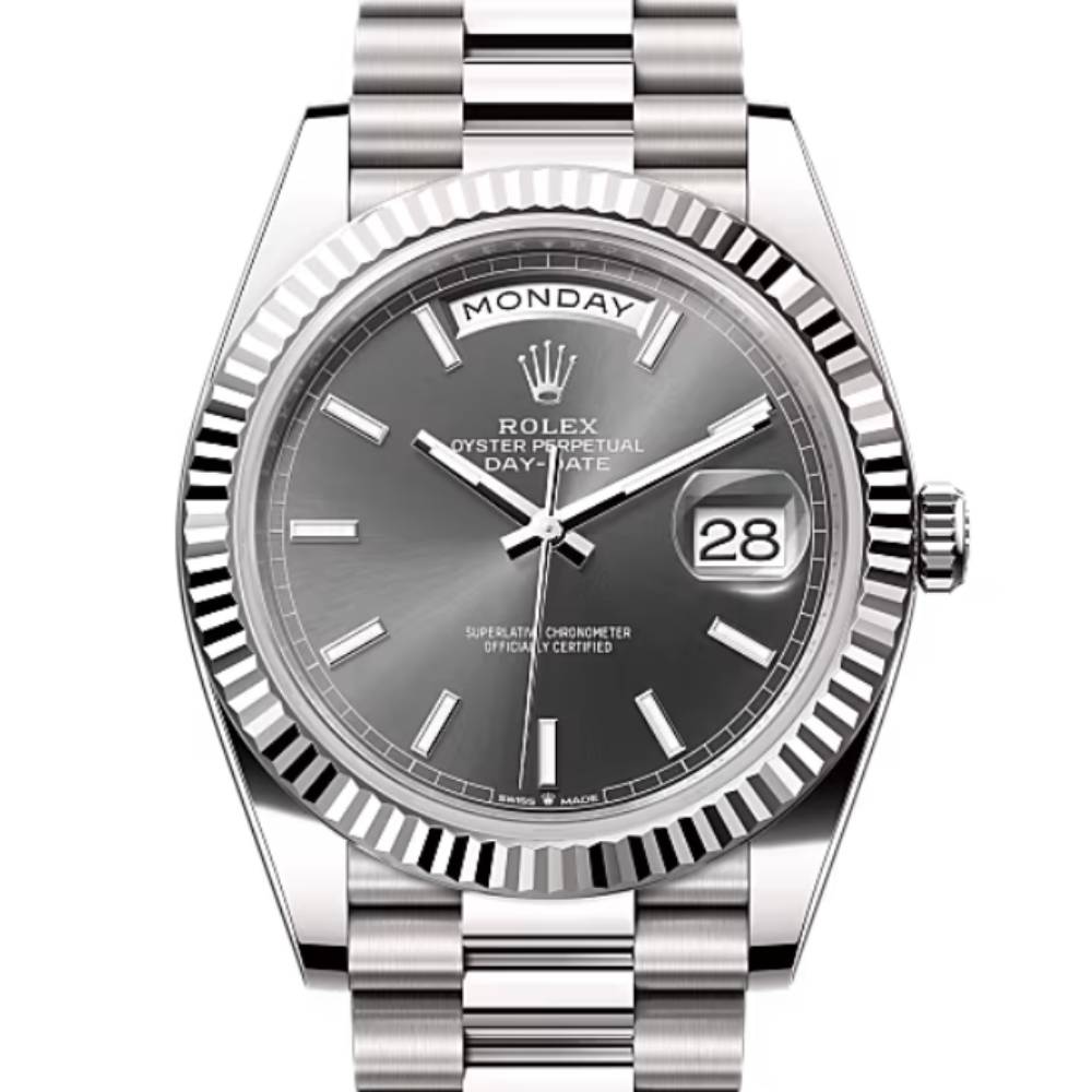 Rolex Day Date 40mm - Ref: 228239-0060 - Slate Grey Stick Dial & Fluted Bezel, 18K White Gold President Bracelet Men's Watch