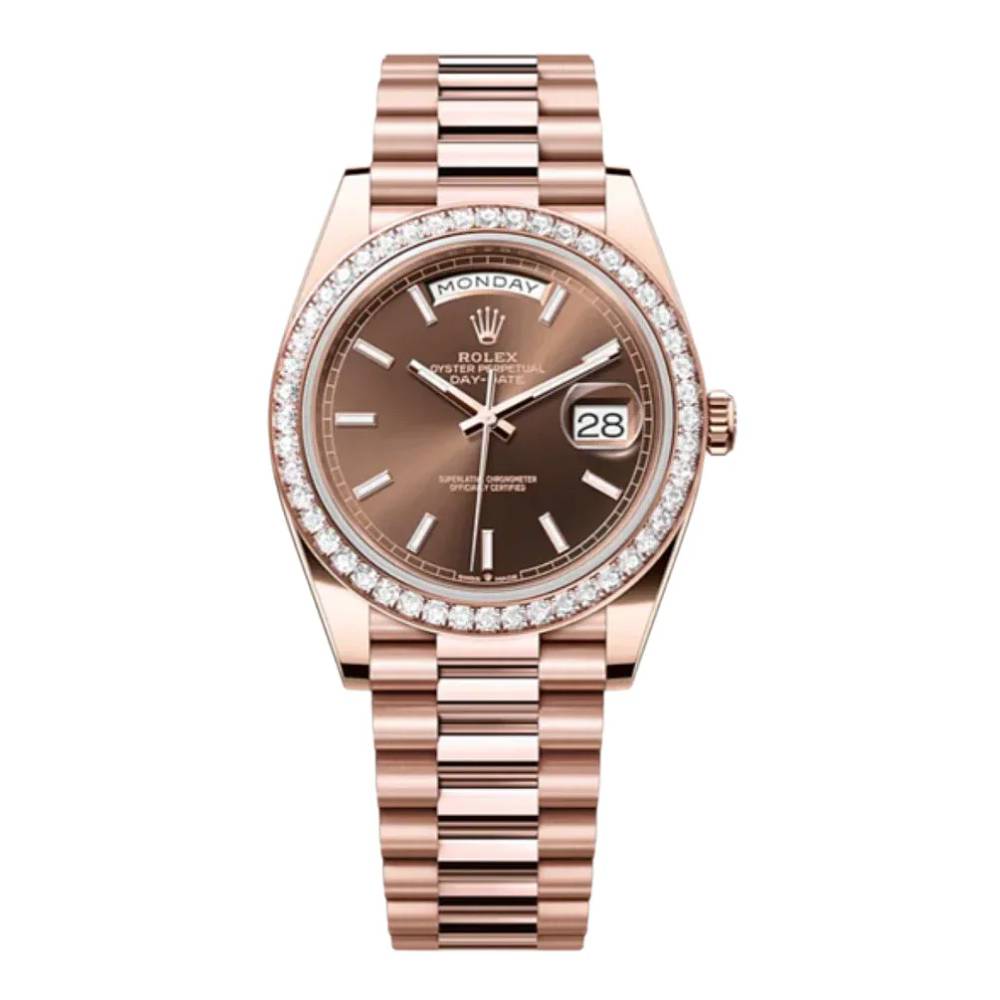 Rolex Day Date 40mm - Ref: 228345RBR - Chocolate Stick Dial & Diamond Bezel, 18K Rose Gold President Bracelet Men's Watch