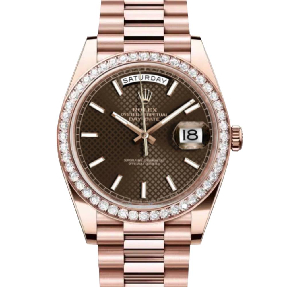 Rolex Day Date 40mm - Ref: 228345rbr-0005 - Chocolate Diagonal Motif Stick Dial & Diamond Bezel, 18K Rose Gold President Bracelet Men's Watch