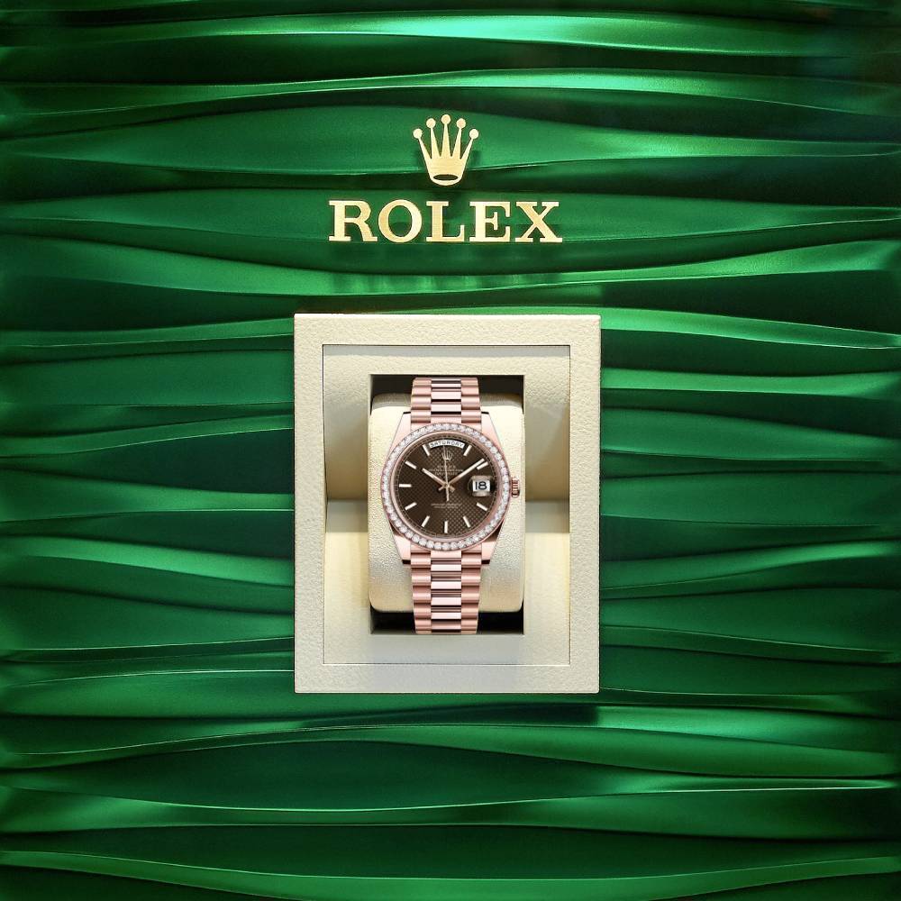 Rolex Day Date 40mm - Ref: 228345rbr-0005 - Chocolate Diagonal Motif Stick Dial & Diamond Bezel, 18K Rose Gold President Bracelet Men's Watch