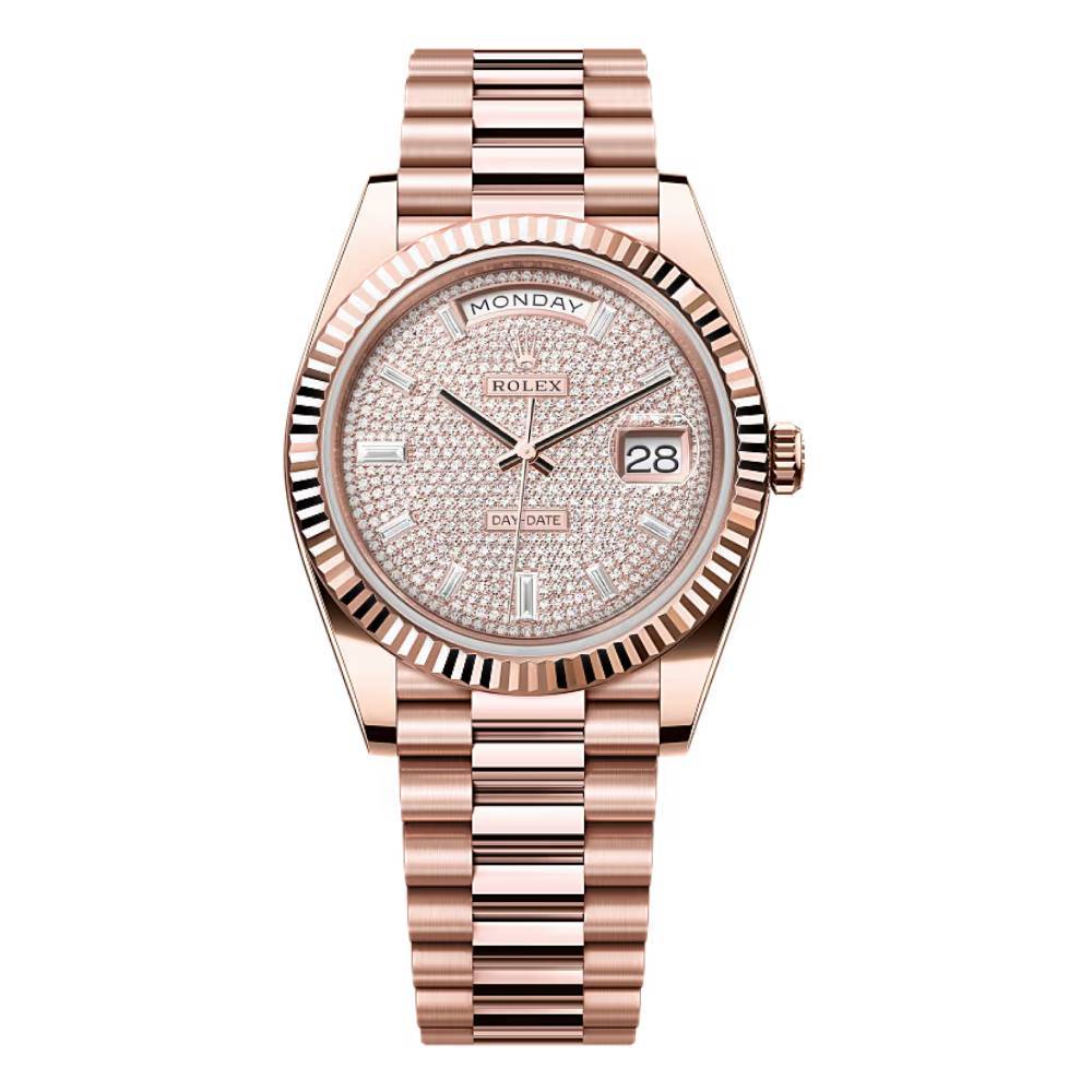 Rolex Day Date 40mm - Ref: 228345rbr-0007 - Pave Diamond Dial & Fluted Bezel, 18K Rose Gold President Bracelet Men's Watch