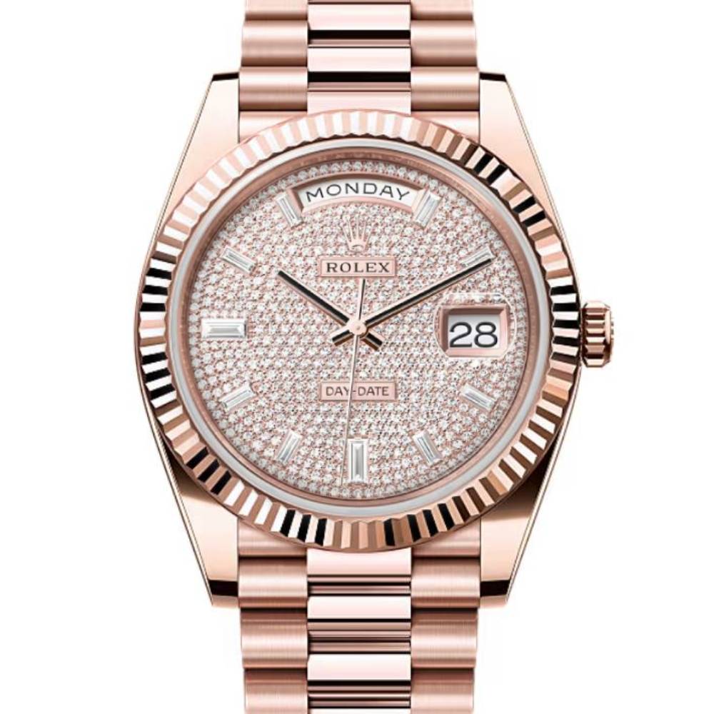 Rolex Day Date 40mm - Ref: 228345rbr-0007 - Pave Diamond Dial & Fluted Bezel, 18K Rose Gold President Bracelet Men's Watch