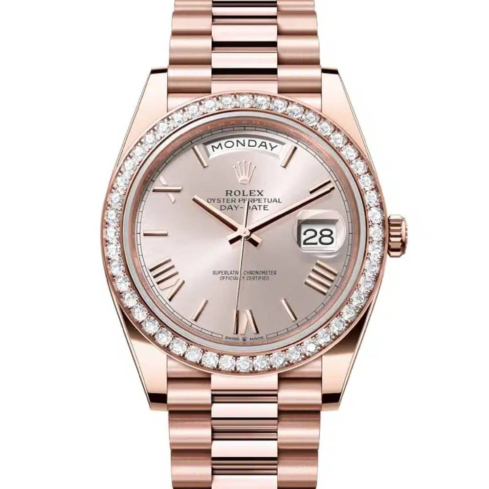 Rolex Day Date 40mm - Ref: 228345rbr-0008 - Sundust Roman Dial & Diamond Bezel, 18K Rose Gold President Bracelet Men's Watch