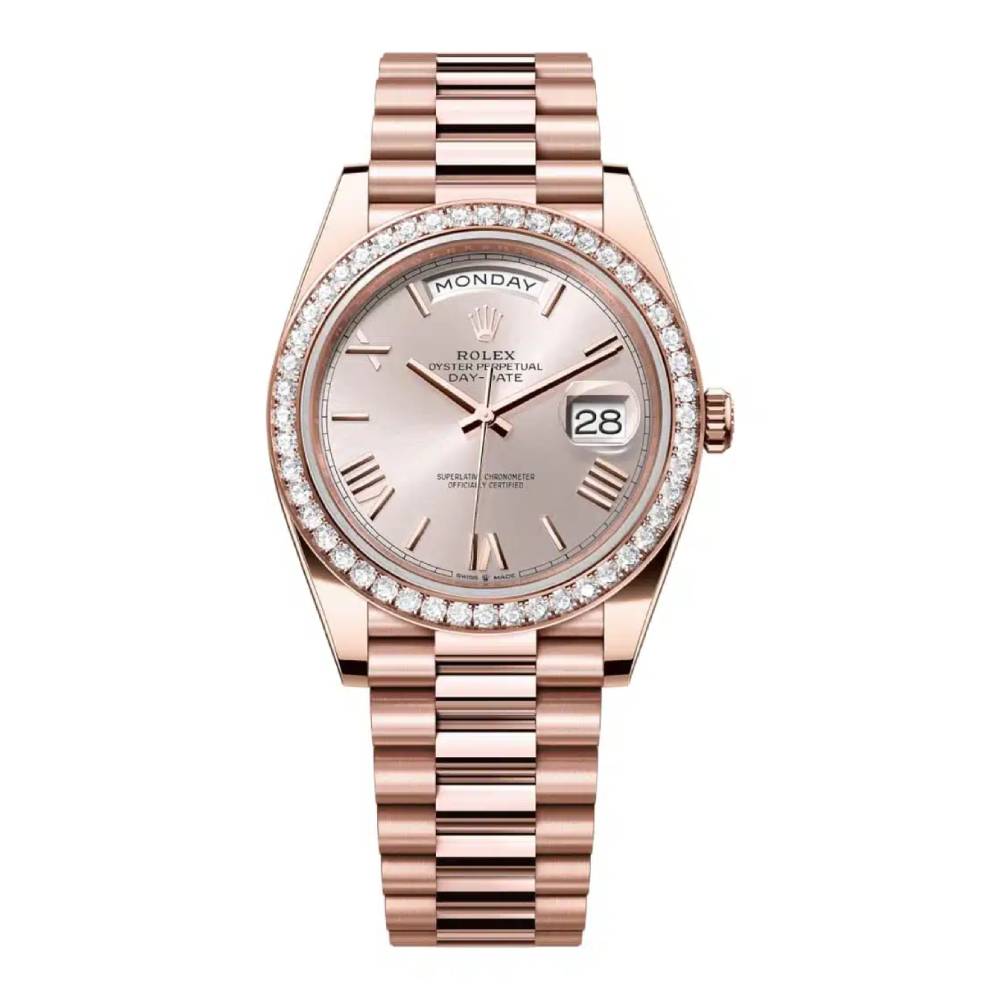 Rolex Day Date 40mm - Ref: 228345rbr-0008 - Sundust Roman Dial & Diamond Bezel, 18K Rose Gold President Bracelet Men's Watch