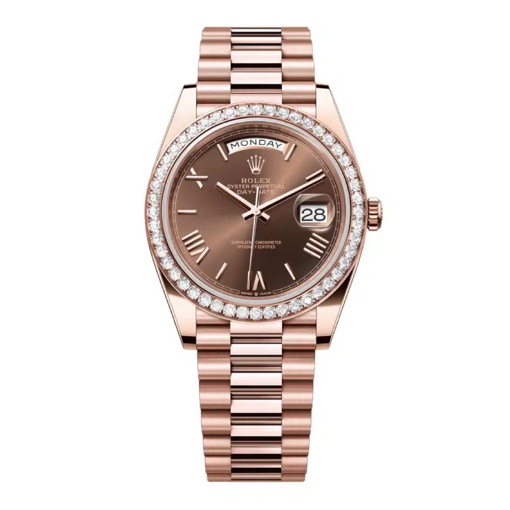 Rolex Day Date 40mm - Ref: 228345rbr-0009 - Chocolate Roman Dial & Diamond Bezel, 18K Rose Gold President Bracelet Men's Watch