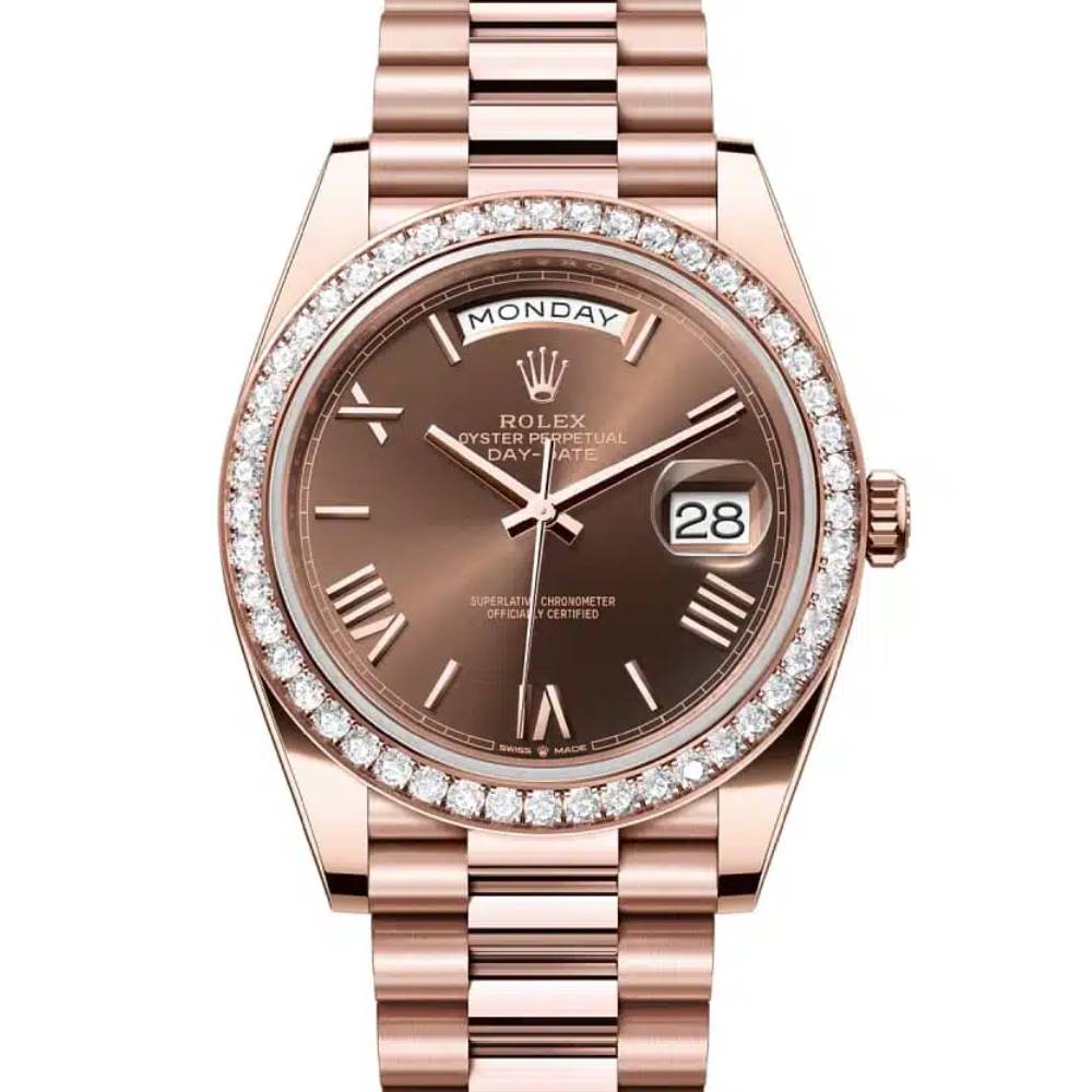 Rolex Day Date 40mm - Ref: 228345rbr-0009 - Chocolate Roman Dial & Diamond Bezel, 18K Rose Gold President Bracelet Men's Watch