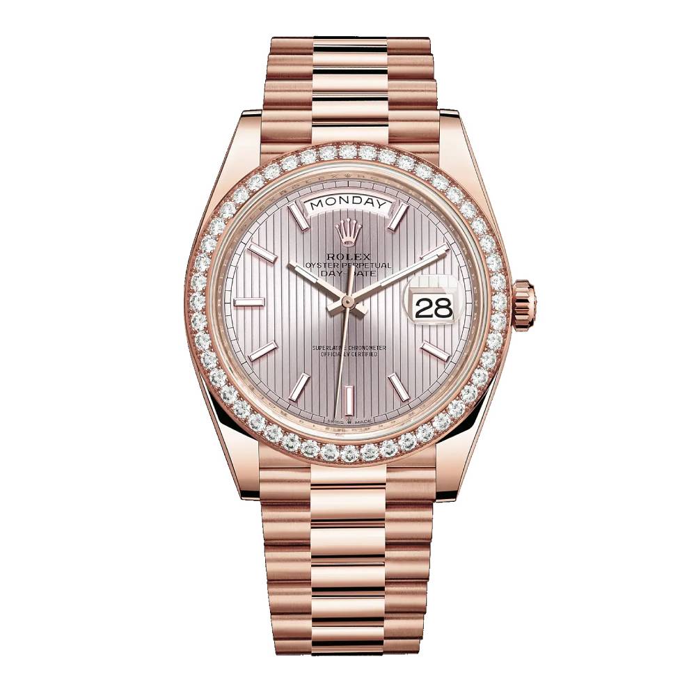 Rolex Day Date 40mm - Ref: 228345rbr-0010 - Sundust Stripe Motif Stick Dial & Diamond Bezel, 18K Rose Gold President Bracelet Men's Watch