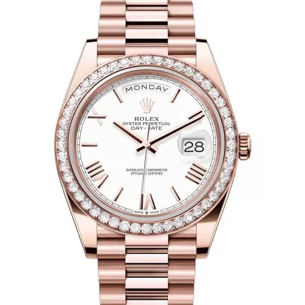 Rolex Day Date 40mm - Ref: 228345rbr-0012 - White Roman Dial & Diamond Bezel, 18K Rose Gold President Bracelet Men's Watch