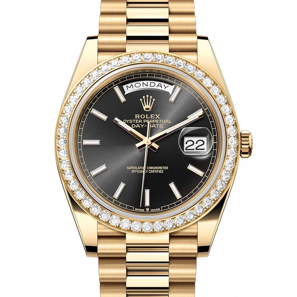 Rolex Day Date 40mm - Ref: 228348RBR - Black Stick Dial & Diamond Bezel, 18K Yellow Gold President Bracelet Men's Watch