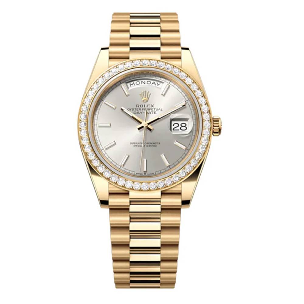 Rolex Day Date 40mm - Ref: 228348RBR - Silver Stick Dial & Diamond Bezel, 18K Yellow Gold President Bracelet Men's Watch