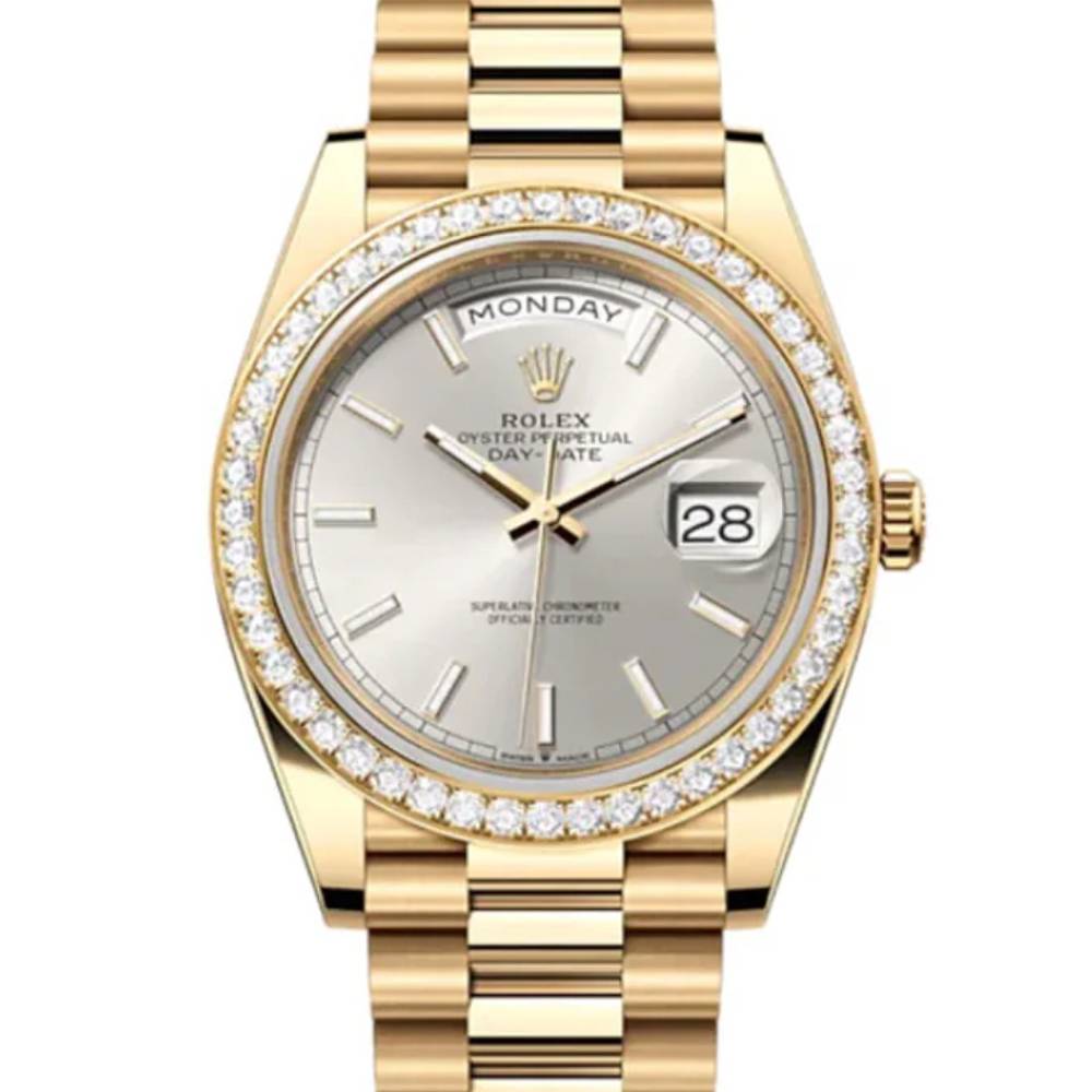 Rolex Day Date 40mm - Ref: 228348RBR - Silver Stick Dial & Diamond Bezel, 18K Yellow Gold President Bracelet Men's Watch