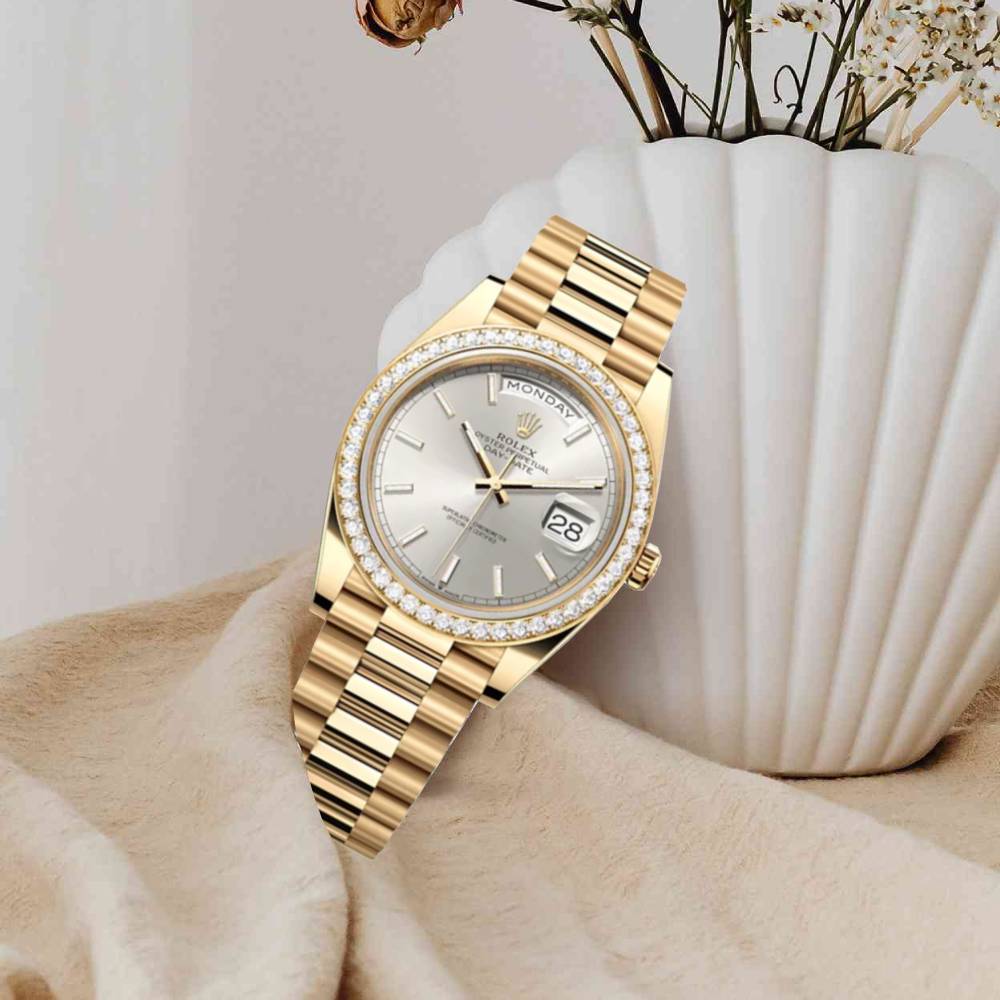 Rolex Day Date 40mm - Ref: 228348RBR - Silver Stick Dial & Diamond Bezel, 18K Yellow Gold President Bracelet Men's Watch