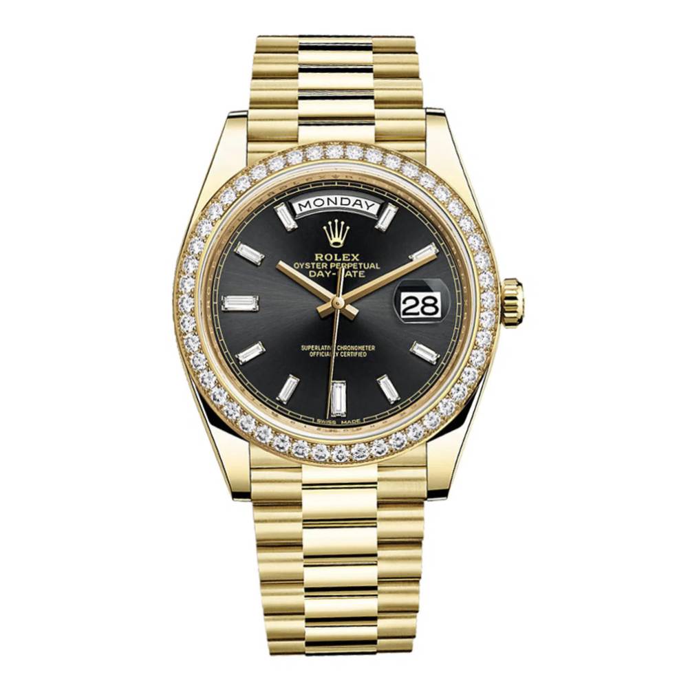 Rolex Day Date 40mm - Ref: 228348rbr-0001 - Black Stick Dial & Diamond Bezel, 18K Yellow Gold President Bracelet Men's Watch