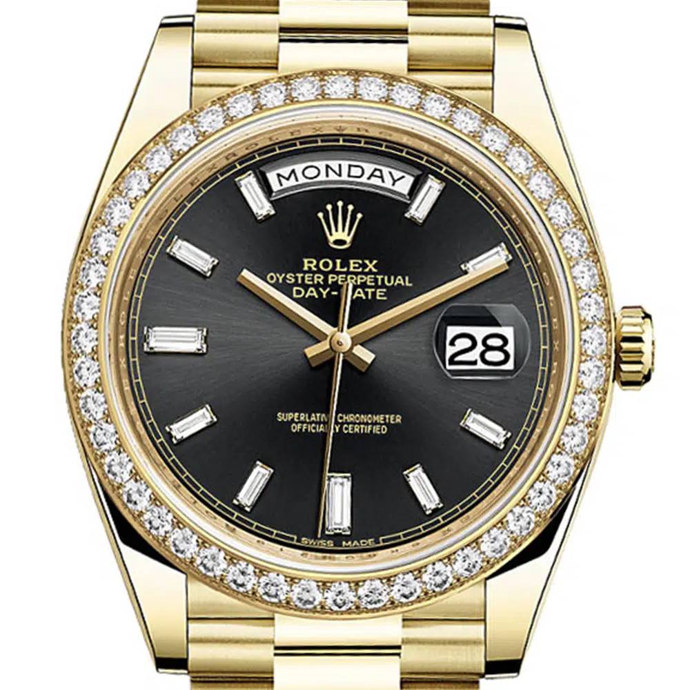 Rolex Day Date 40mm - Ref: 228348rbr-0001 - Black Stick Dial & Diamond Bezel, 18K Yellow Gold President Bracelet Men's Watch