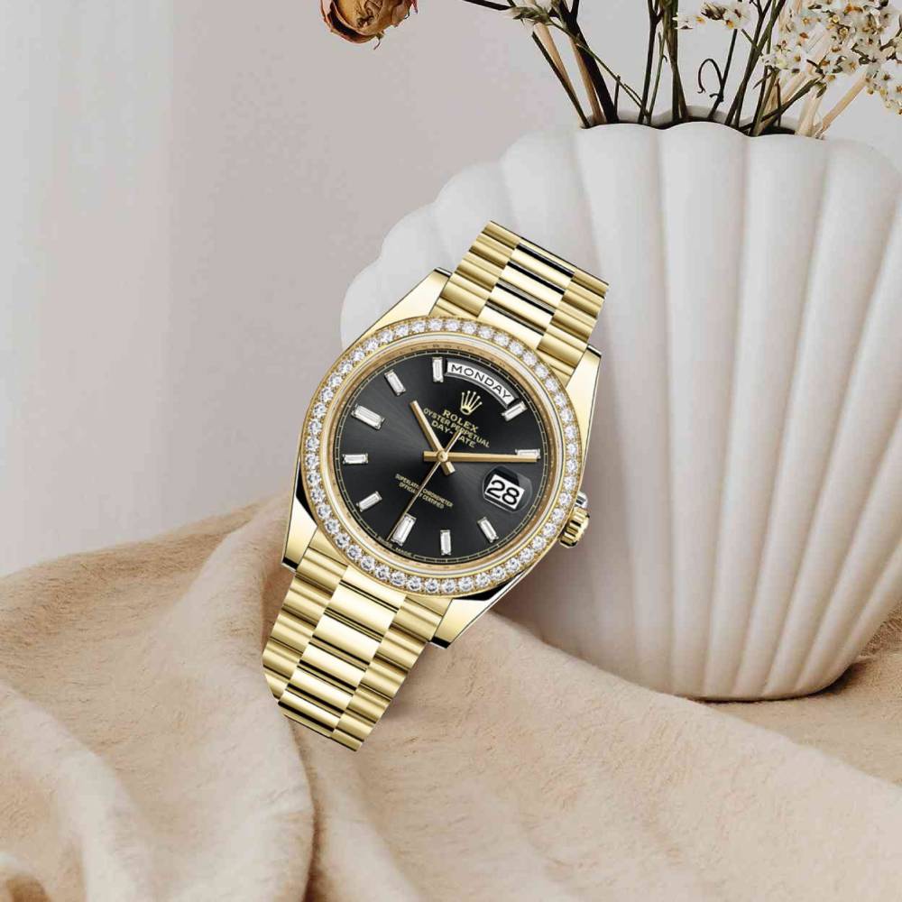 Rolex Day Date 40mm - Ref: 228348rbr-0001 - Black Stick Dial & Diamond Bezel, 18K Yellow Gold President Bracelet Men's Watch