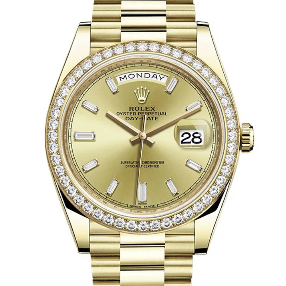 Rolex Day Date 40mm - Ref: 228348rbr-0002 - Champagne Stick Dial & Diamond Bezel, 18K Yellow Gold President Bracelet Men's Watch