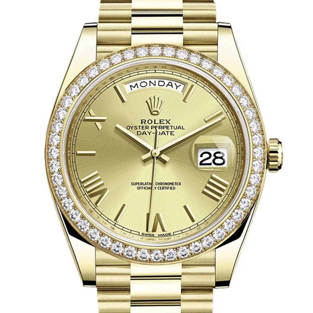 Rolex Day Date 40mm - Ref: 228348rbr-0003 - Champagne Roman Dial & Diamond Bezel, 18K Yellow Gold President Bracelet Men's Watch