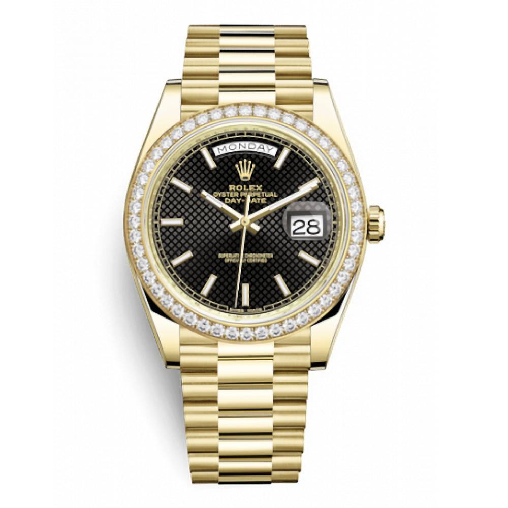 Rolex Day Date 40mm - Ref: 228348rbr-0004 - Black Diagonal Motif Stick Dial & Diamond Bezel, 18K Yellow Gold President Bracelet Men's Watch