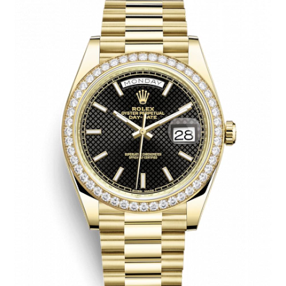 Rolex Day Date 40mm - Ref: 228348rbr-0004 - Black Diagonal Motif Stick Dial & Diamond Bezel, 18K Yellow Gold President Bracelet Men's Watch