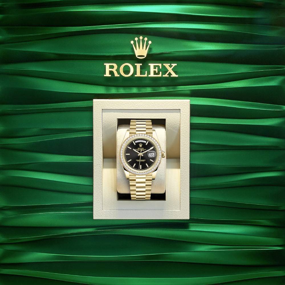 Rolex Day Date 40mm - Ref: 228348rbr-0004 - Black Diagonal Motif Stick Dial & Diamond Bezel, 18K Yellow Gold President Bracelet Men's Watch