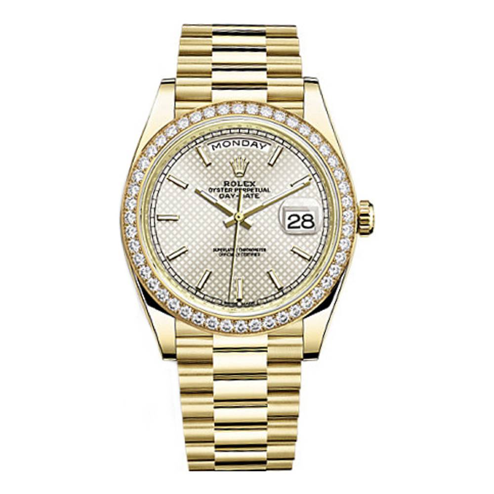 Rolex Day Date 40mm - Ref: 228348rbr-0005 - Silver Diagonal Motif Stick Dial & Diamond Bezel, 18K Yellow Gold President Bracelet Men's Watch