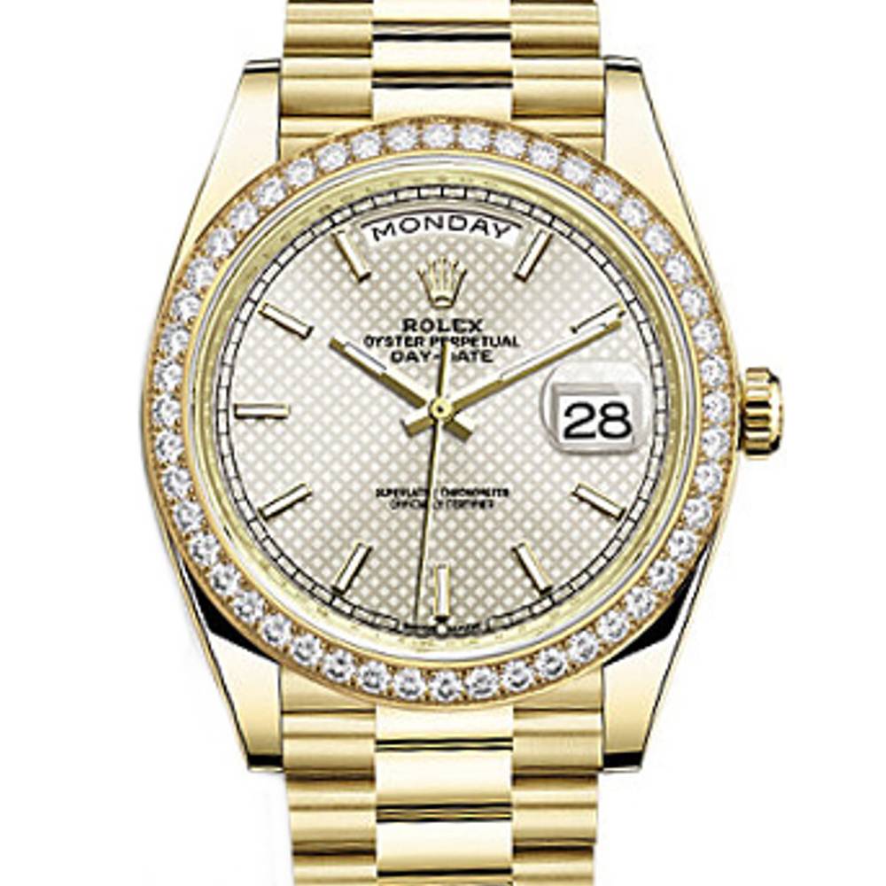 Rolex Day Date 40mm - Ref: 228348rbr-0005 - Silver Diagonal Motif Stick Dial & Diamond Bezel, 18K Yellow Gold President Bracelet Men's Watch