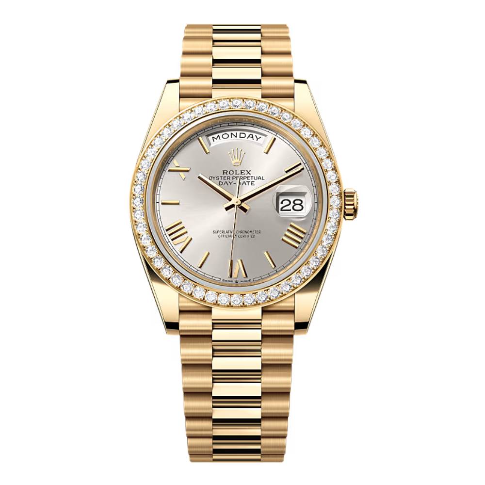 Rolex Day Date 40mm - Ref: 228348rbr-0007 - Silver Roman Dial & Diamond Bezel, 18K Yellow Gold President Bracelet Men's Watch