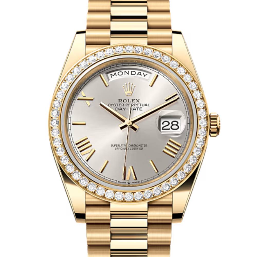 Rolex Day Date 40mm - Ref: 228348rbr-0007 - Silver Roman Dial & Diamond Bezel, 18K Yellow Gold President Bracelet Men's Watch