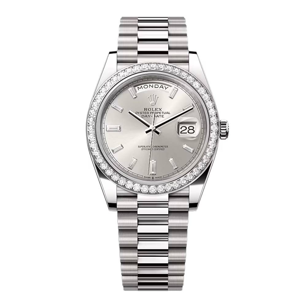 Rolex Day Date 40mm - Ref: 228349rbr-0001 - Silver Diamond Dial & Diamond Bezel, 18K White Gold President Bracelet Men's Watch