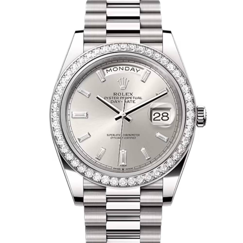 Rolex Day Date 40mm - Ref: 228349rbr-0001 - Silver Diamond Dial & Diamond Bezel, 18K White Gold President Bracelet Men's Watch