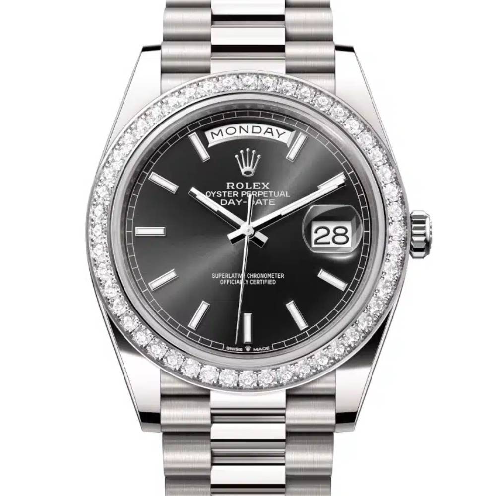 Rolex Day Date 40mm - Ref: 228349rbr-0002 - Black Stick Dial & Diamond Bezel, Platinum President Bracelet Men's Watch