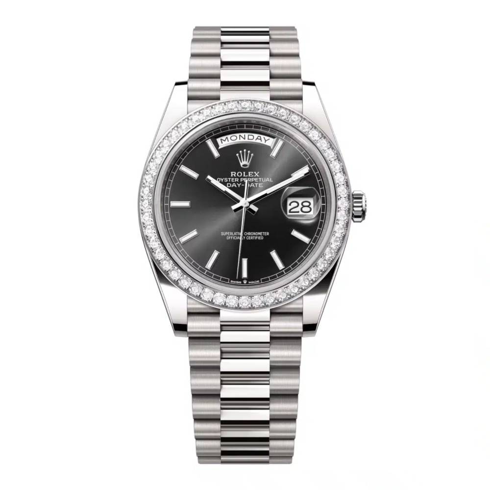 Rolex Day Date 40mm - Ref: 228349rbr-0002 - Black Stick Dial & Diamond Bezel, Platinum President Bracelet Men's Watch