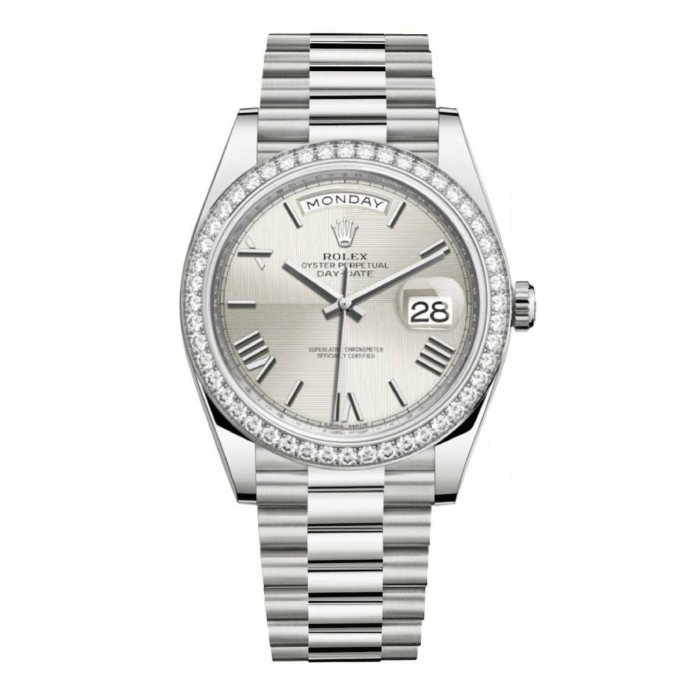 Rolex Day Date 40mm - Ref: 228349rbr-0004 - Silver Quadrant Motif Roman Dial & Diamond Bezel, 18K White Gold President Bracelet Men's Watch