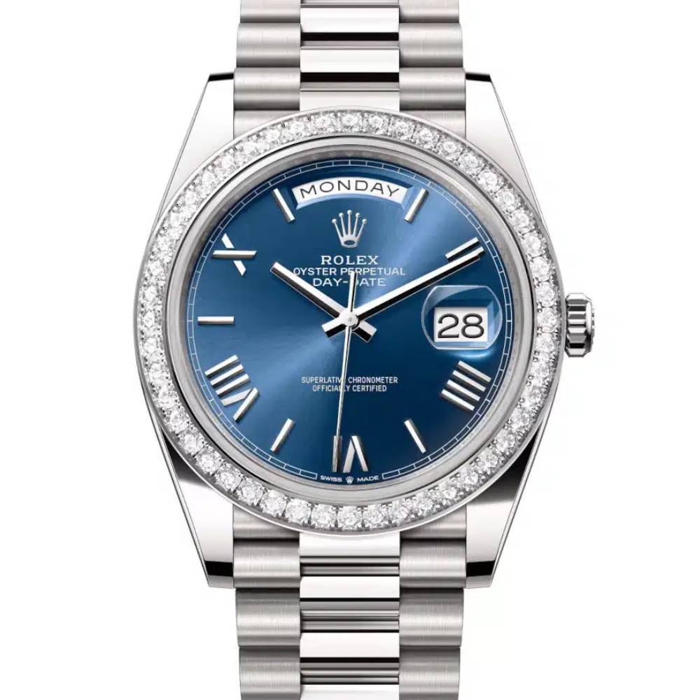 Rolex Day Date 40mm - Ref: 228349rbr-0005 - Blue Roman Dial & Diamond Bezel, 18K White Gold President Bracelet Men's Watch