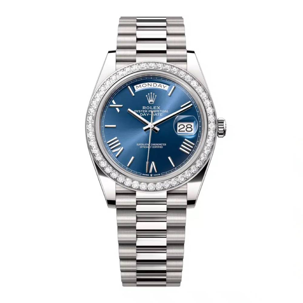 Rolex Day Date 40mm - Ref: 228349rbr-0005 - Blue Roman Dial & Diamond Bezel, 18K White Gold President Bracelet Men's Watch