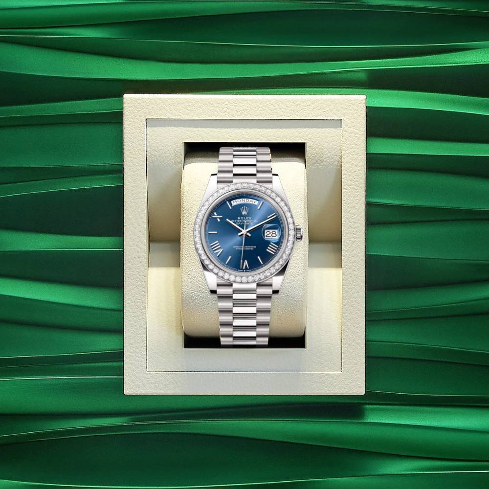 Rolex Day Date 40mm - Ref: 228349rbr-0005 - Blue Roman Dial & Diamond Bezel, 18K White Gold President Bracelet Men's Watch