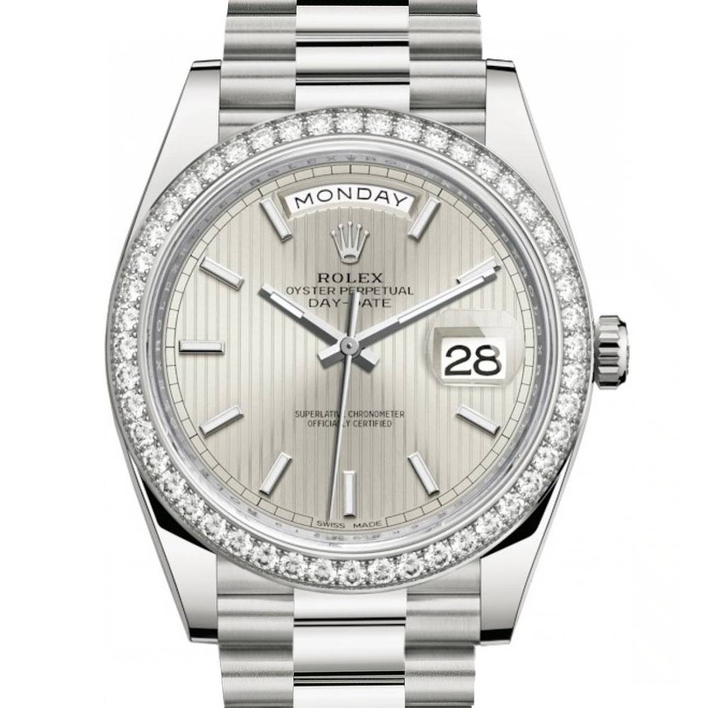 Rolex Day Date 40mm - Ref: 228349rbr-0007 - Silver Stripe Motif Stick Dial & Diamond Bezel, 18K White Gold President Bracelet Men's Watch