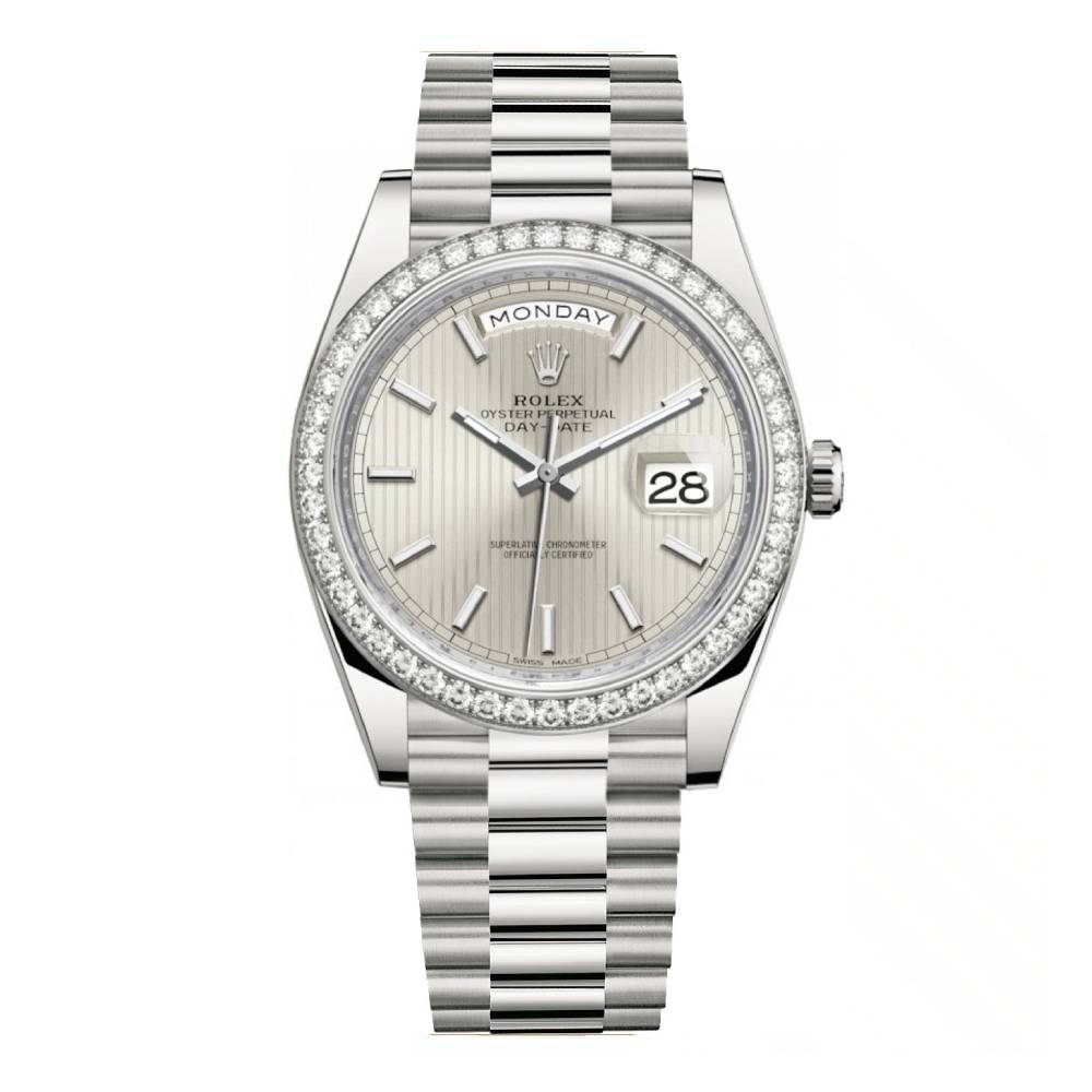 Rolex Day Date 40mm - Ref: 228349rbr-0007 - Silver Stripe Motif Stick Dial & Diamond Bezel, 18K White Gold President Bracelet Men's Watch