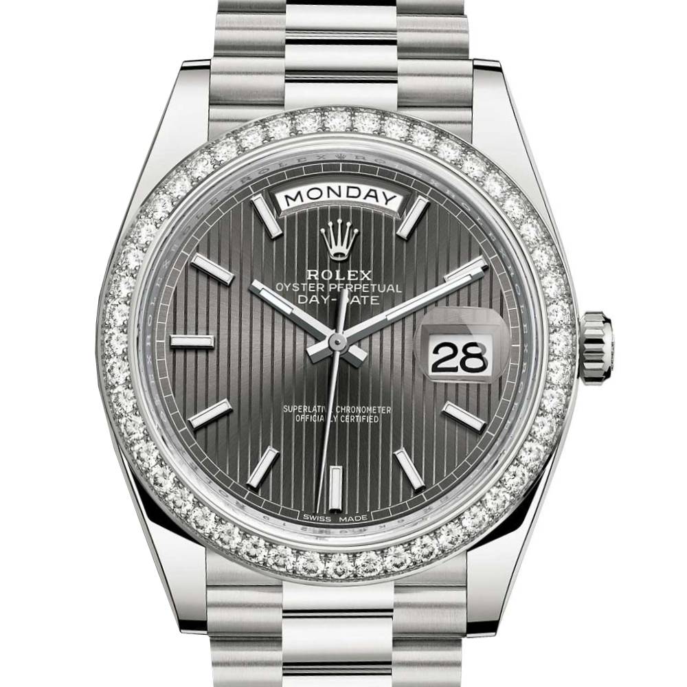 Rolex Day Date 40mm - Ref: 228349rbr-0008 - Dark Rhodium Stripe Motif Stick Dial & Diamond Bezel, 18K White Gold President Bracelet Men's Watch