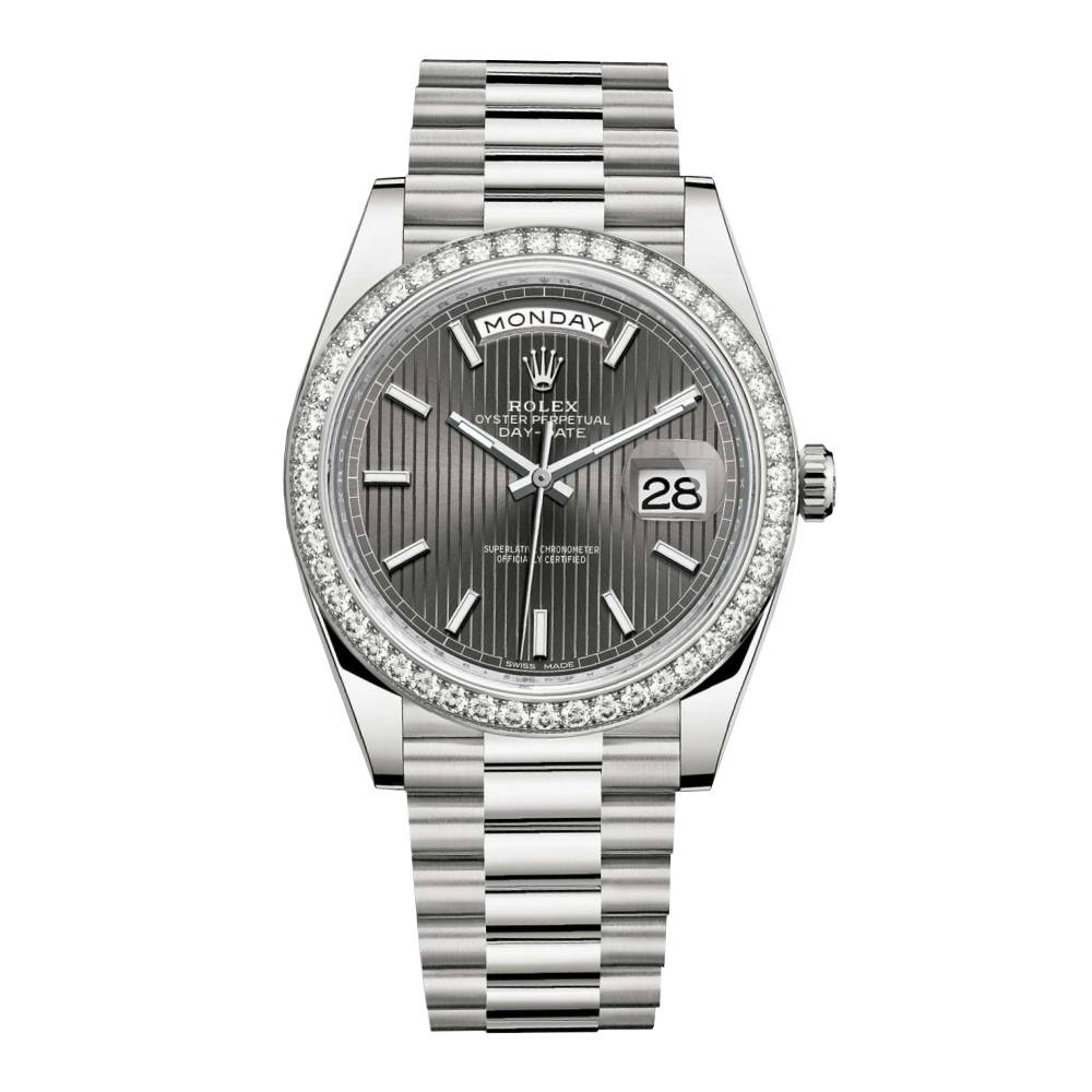 Rolex Day Date 40mm - Ref: 228349rbr-0008 - Dark Rhodium Stripe Motif Stick Dial & Diamond Bezel, 18K White Gold President Bracelet Men's Watch