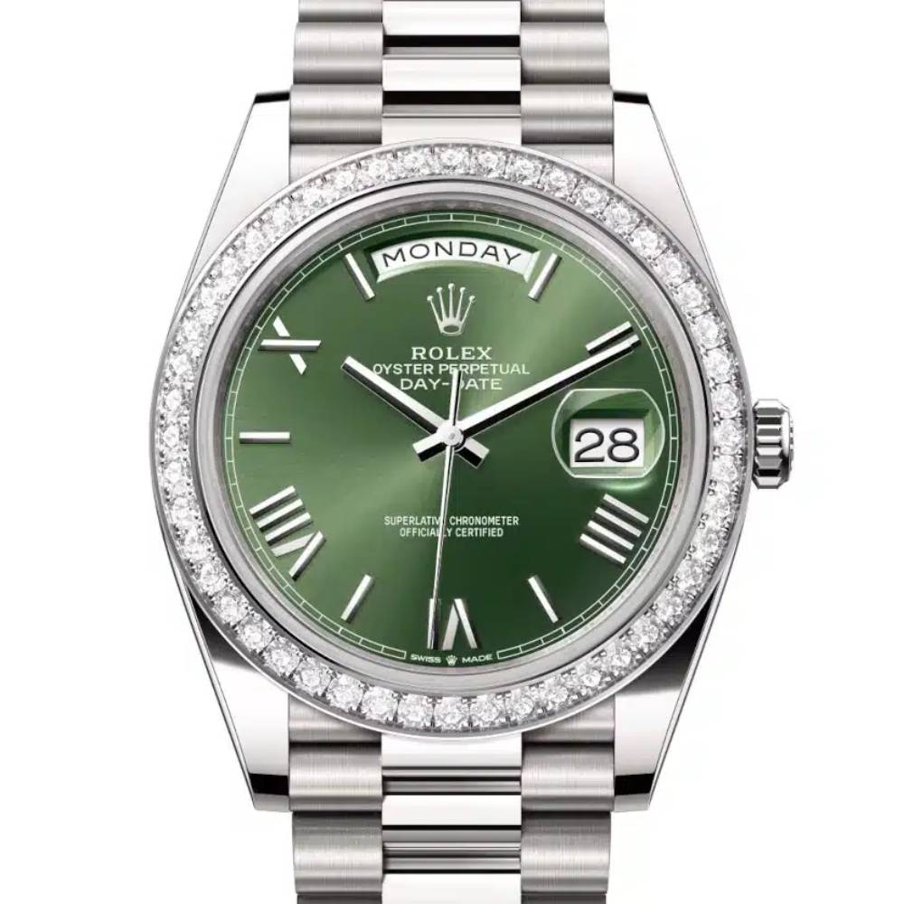 Rolex Day Date 40mm - Ref: 228349rbr-0030 - Olive Green Roman Dial & Diamond Bezel, 18K White Gold President Bracelet Men's Watch