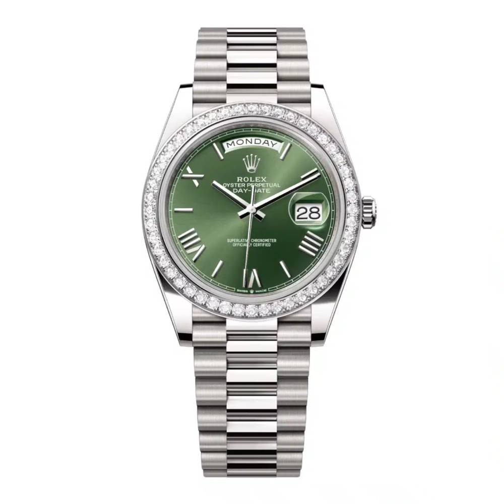 Rolex Day Date 40mm - Ref: 228349rbr-0030 - Olive Green Roman Dial & Diamond Bezel, 18K White Gold President Bracelet Men's Watch