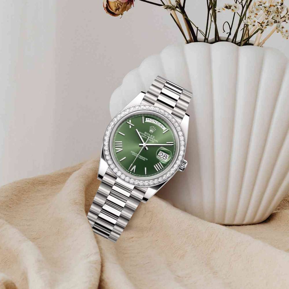 Rolex Day Date 40mm - Ref: 228349rbr-0030 - Olive Green Roman Dial & Diamond Bezel, 18K White Gold President Bracelet Men's Watch